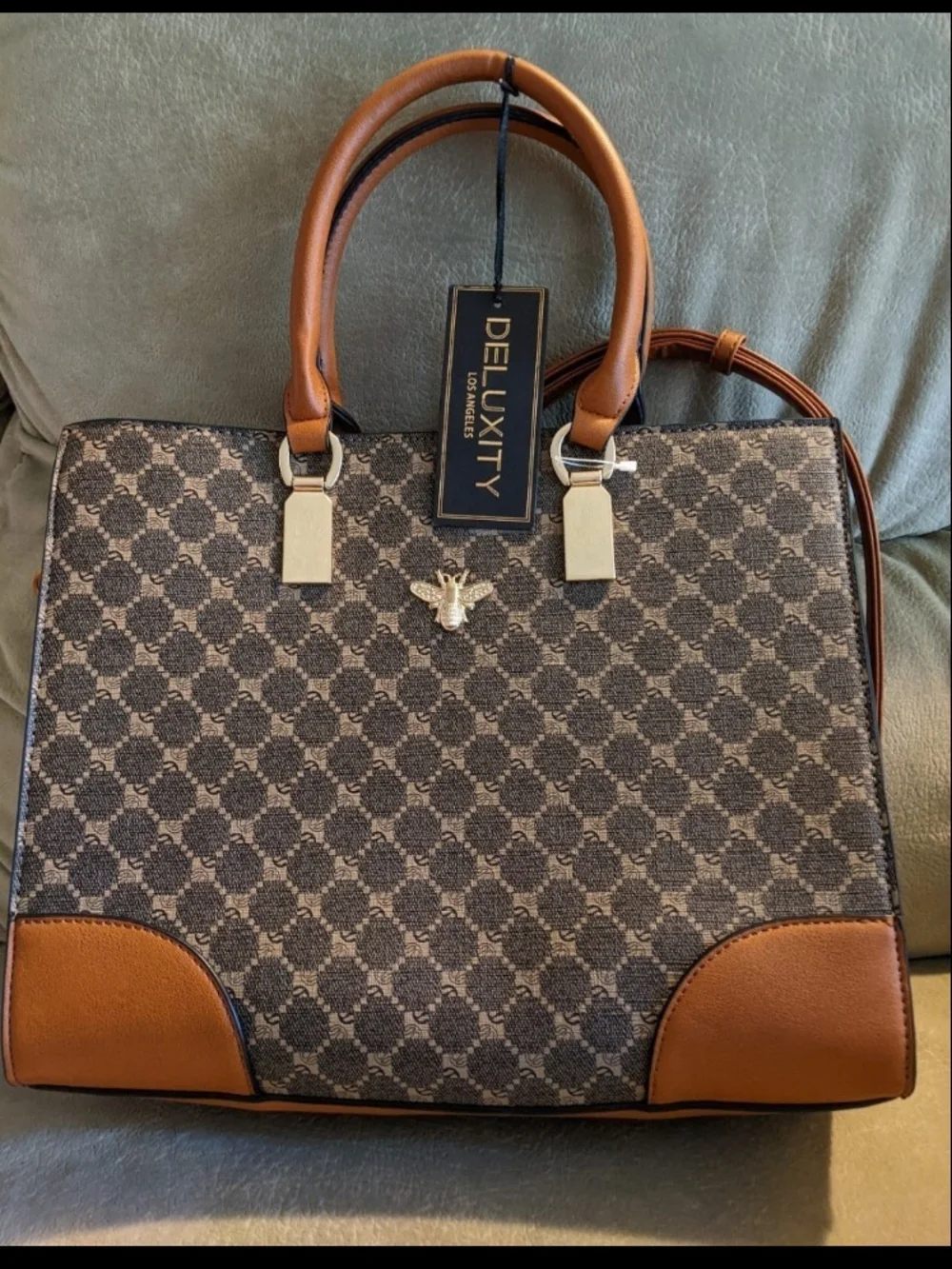 Deluxity Brown Patterned Satchel with Gold Bee Accent